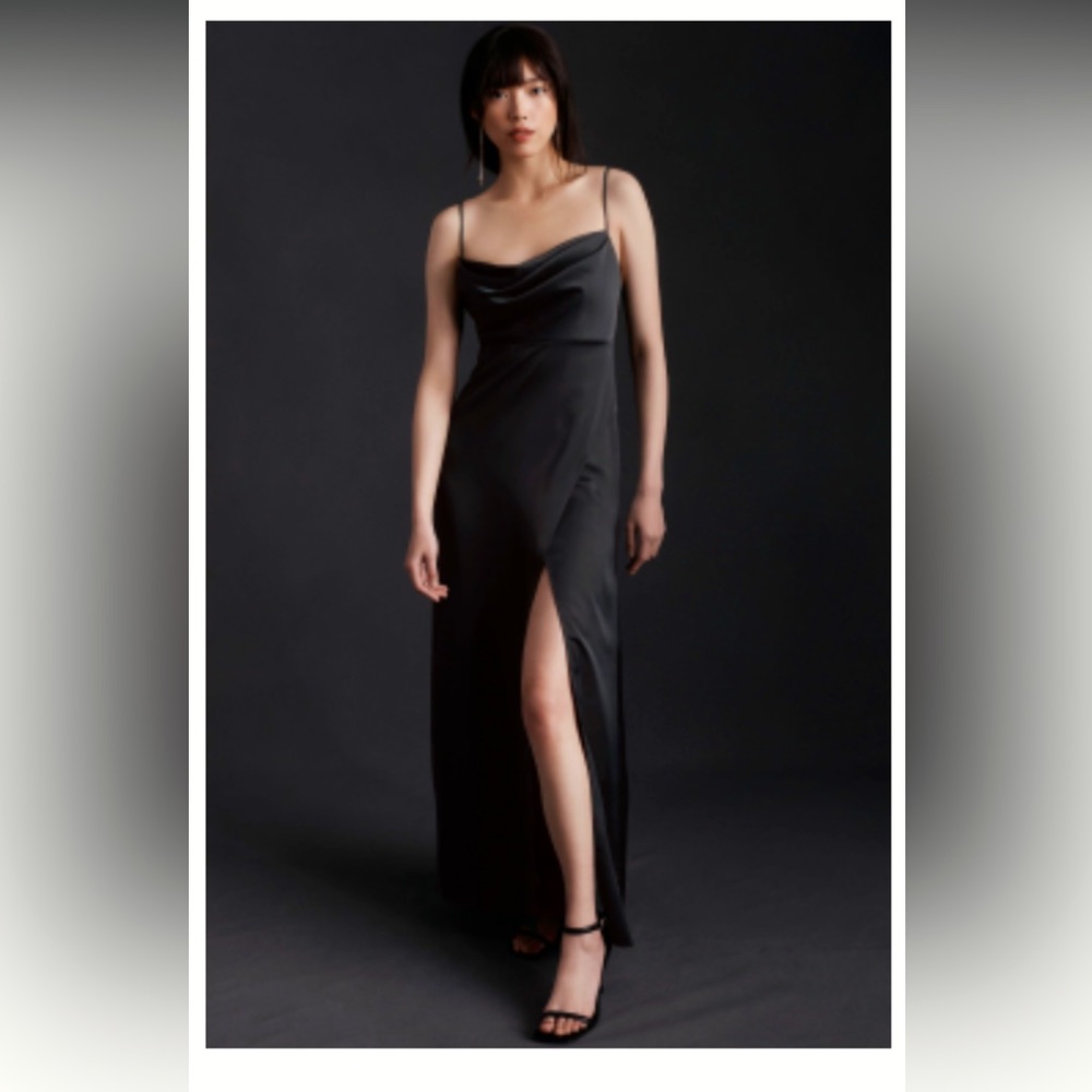 BHLDN Black Satin Cowl Neck Maxi Dress with Thigh Slit